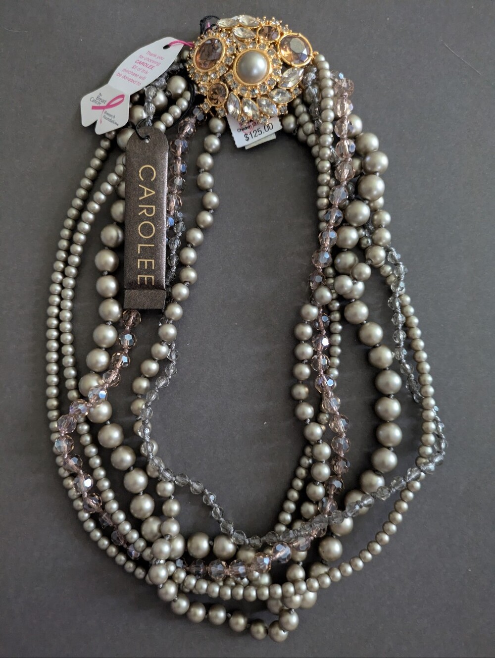 Vintage Carolee Multi Strand Gray Faux Pearl And Crystal Statement Necklace NWT